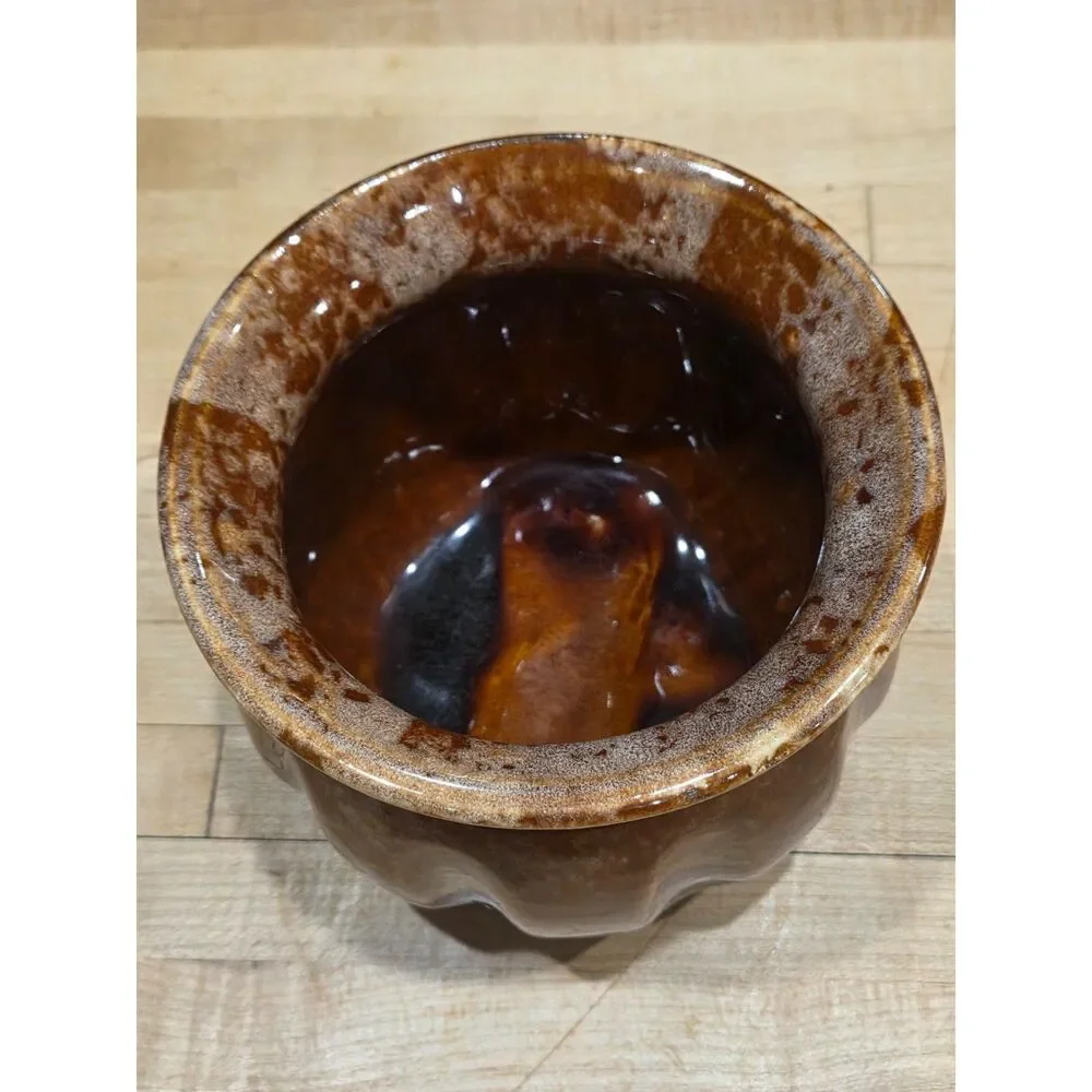 Vintage Hull Pottery Drip Glaze Brown Ribbed Pumpkin Planter Pot 5.25